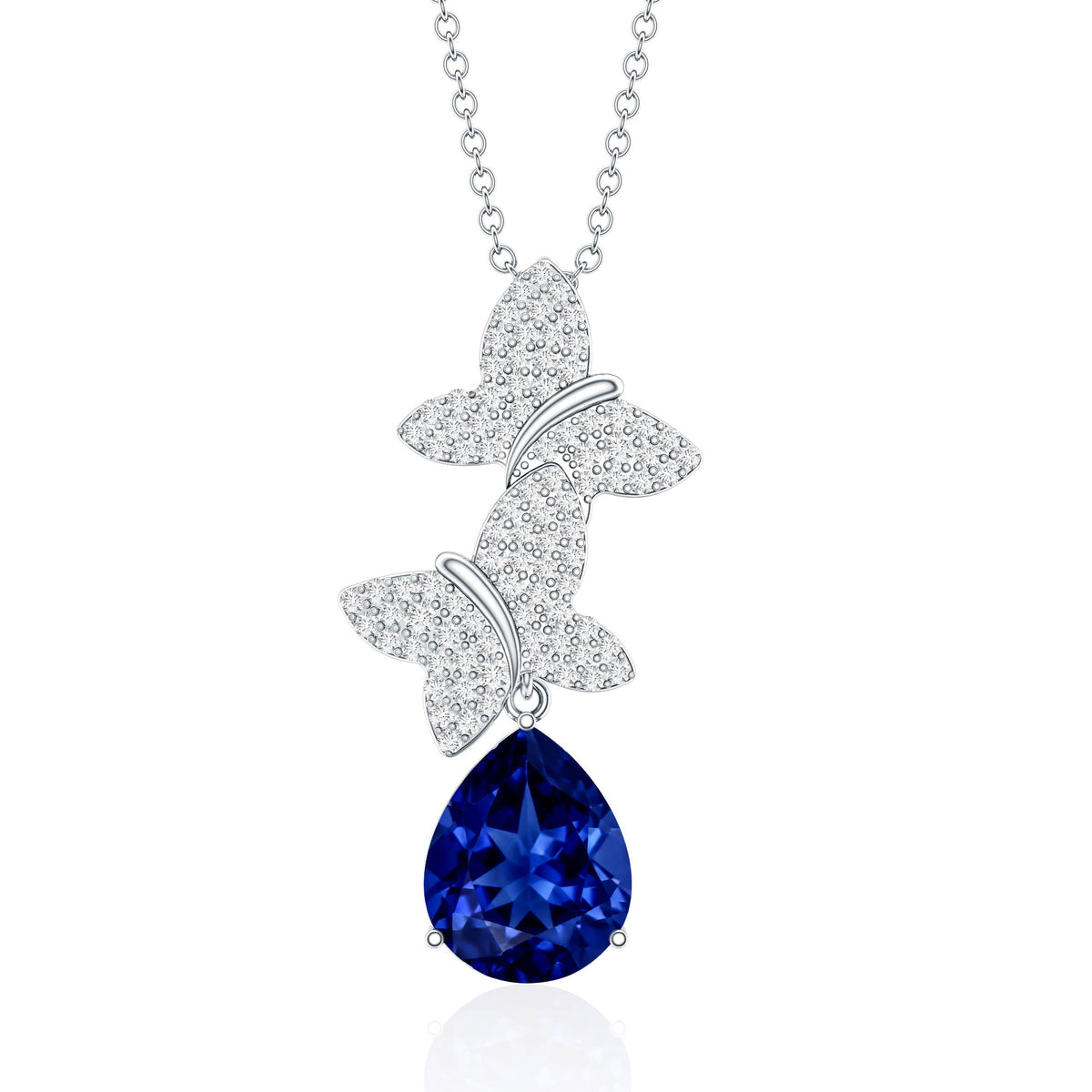 Lab Grown Blue Sapphire Butterflies Pendant Necklace with Diamond