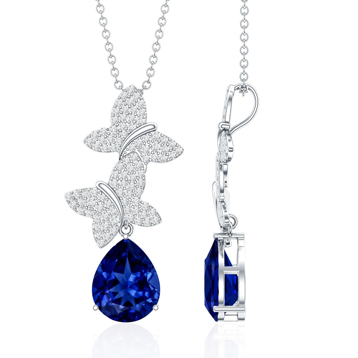 Lab Grown Blue Sapphire Butterflies Pendant Necklace with Diamond