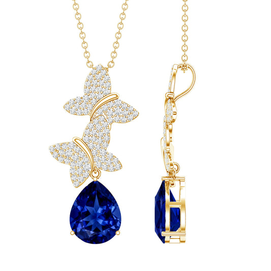 Lab Grown Blue Sapphire Butterflies Pendant Necklace with Diamond