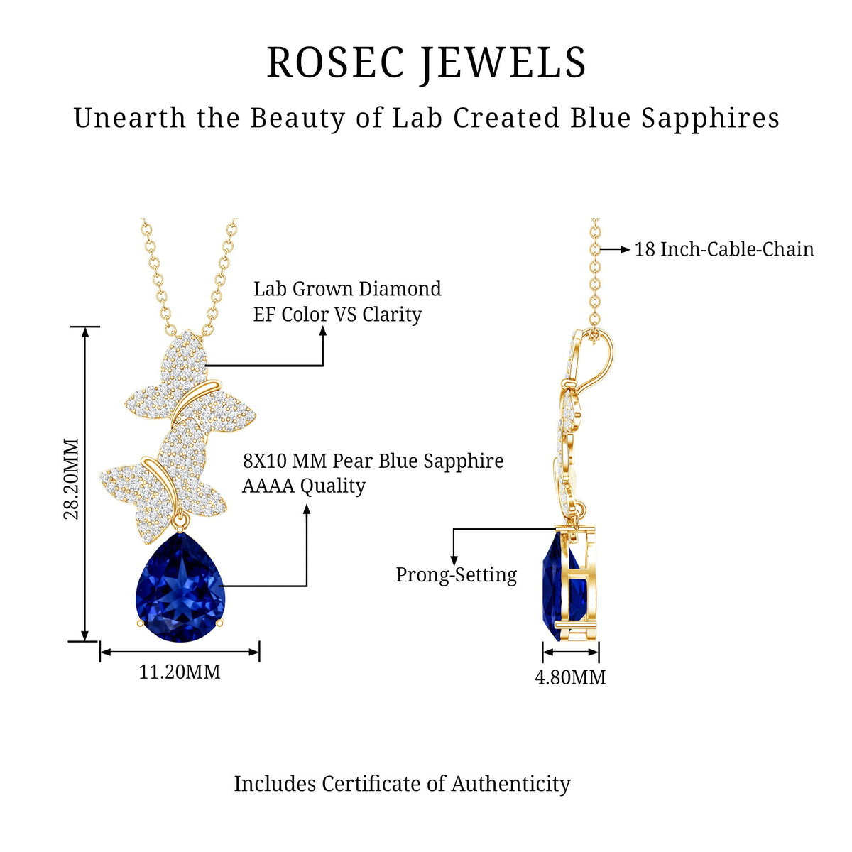 Lab Grown Blue Sapphire Butterflies Pendant Necklace with Diamond