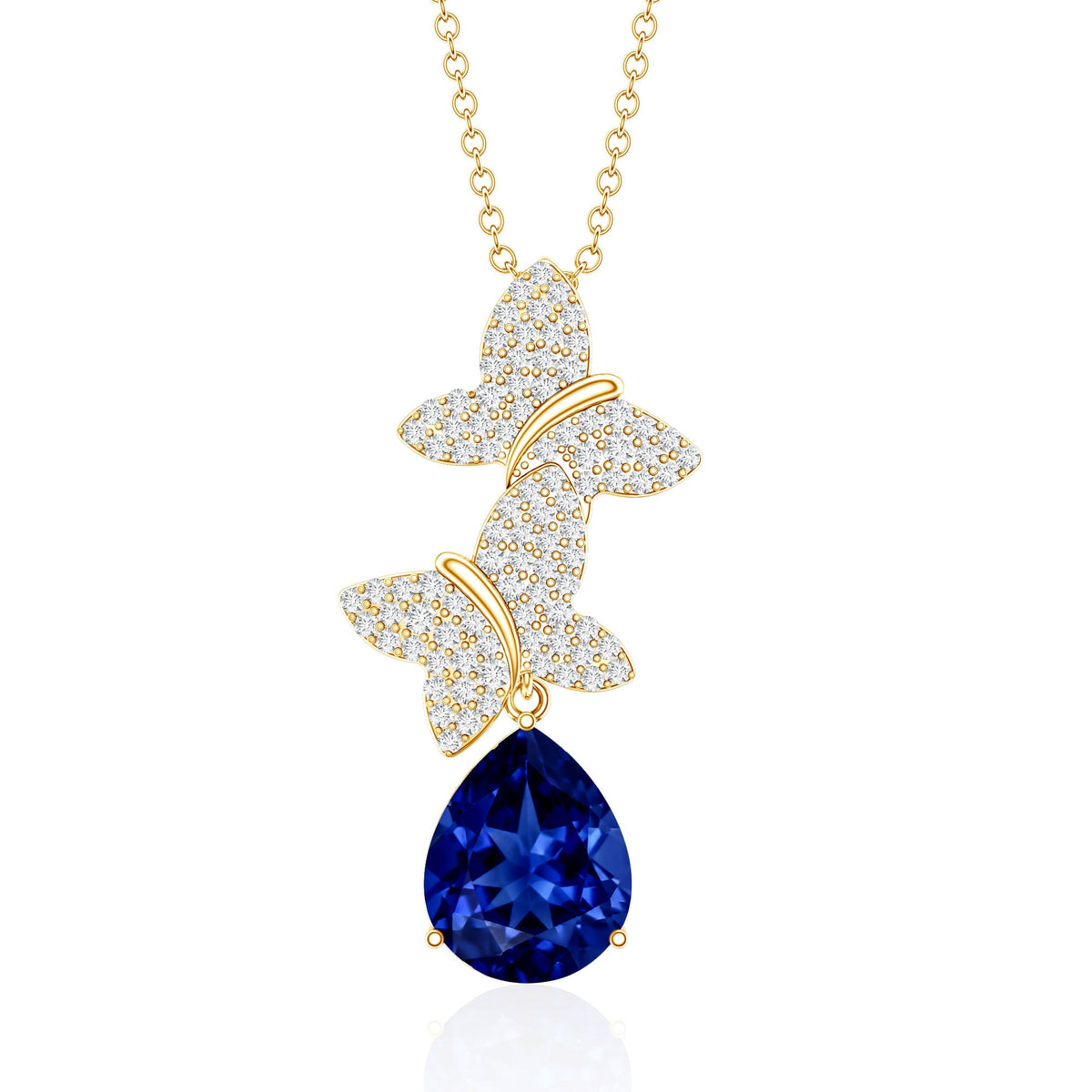 Lab Grown Blue Sapphire Butterflies Pendant Necklace with Diamond