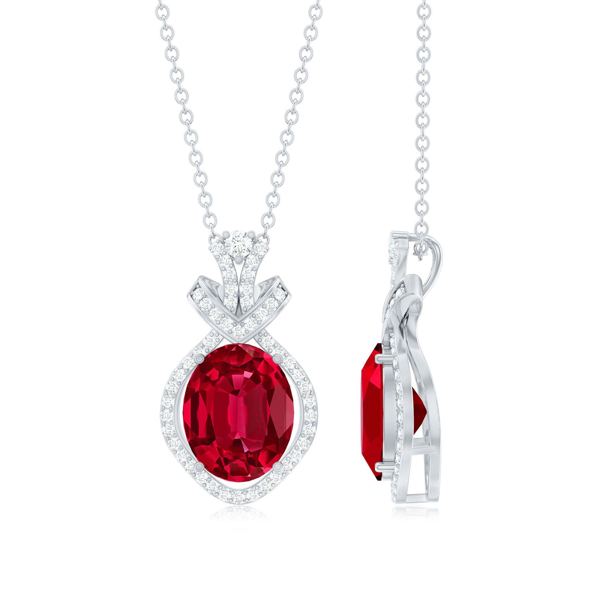 Lab Grown Ruby Designer Art Deco Necklace with Diamond Accent