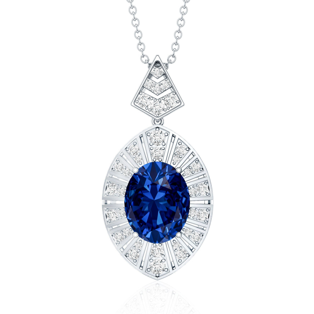 Lab Grown Blue Sapphire Art Deco Necklace with Diamond Accent
