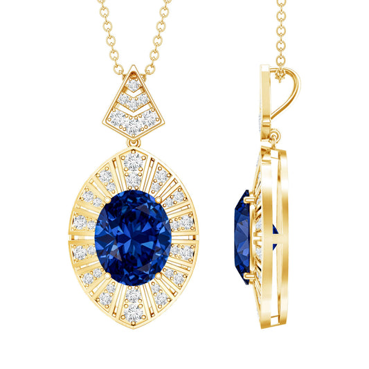 Lab Grown Blue Sapphire Art Deco Necklace with Diamond Accent