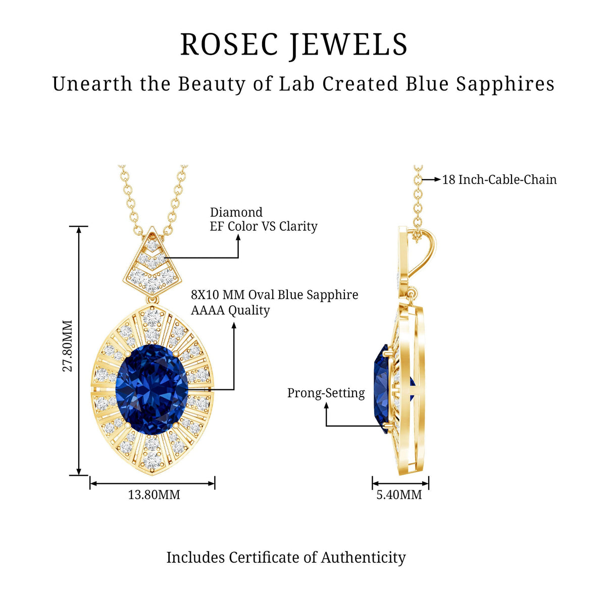 Lab Grown Blue Sapphire Art Deco Necklace with Diamond Accent