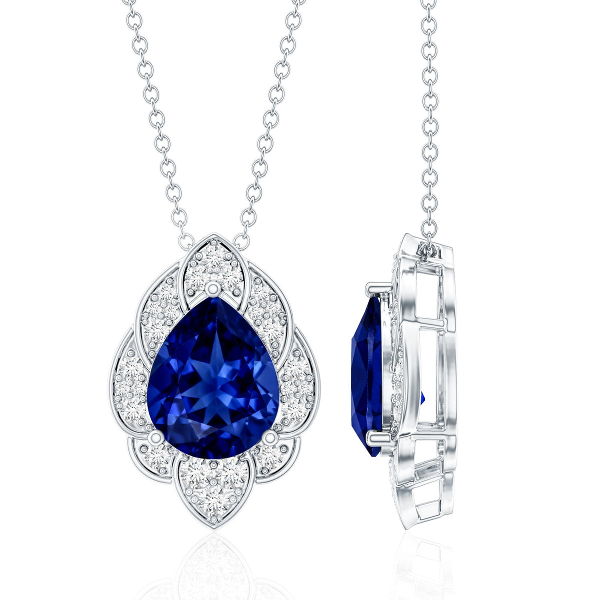 Certified Lab Grown Blue Sapphire Petal Necklace with Diamond