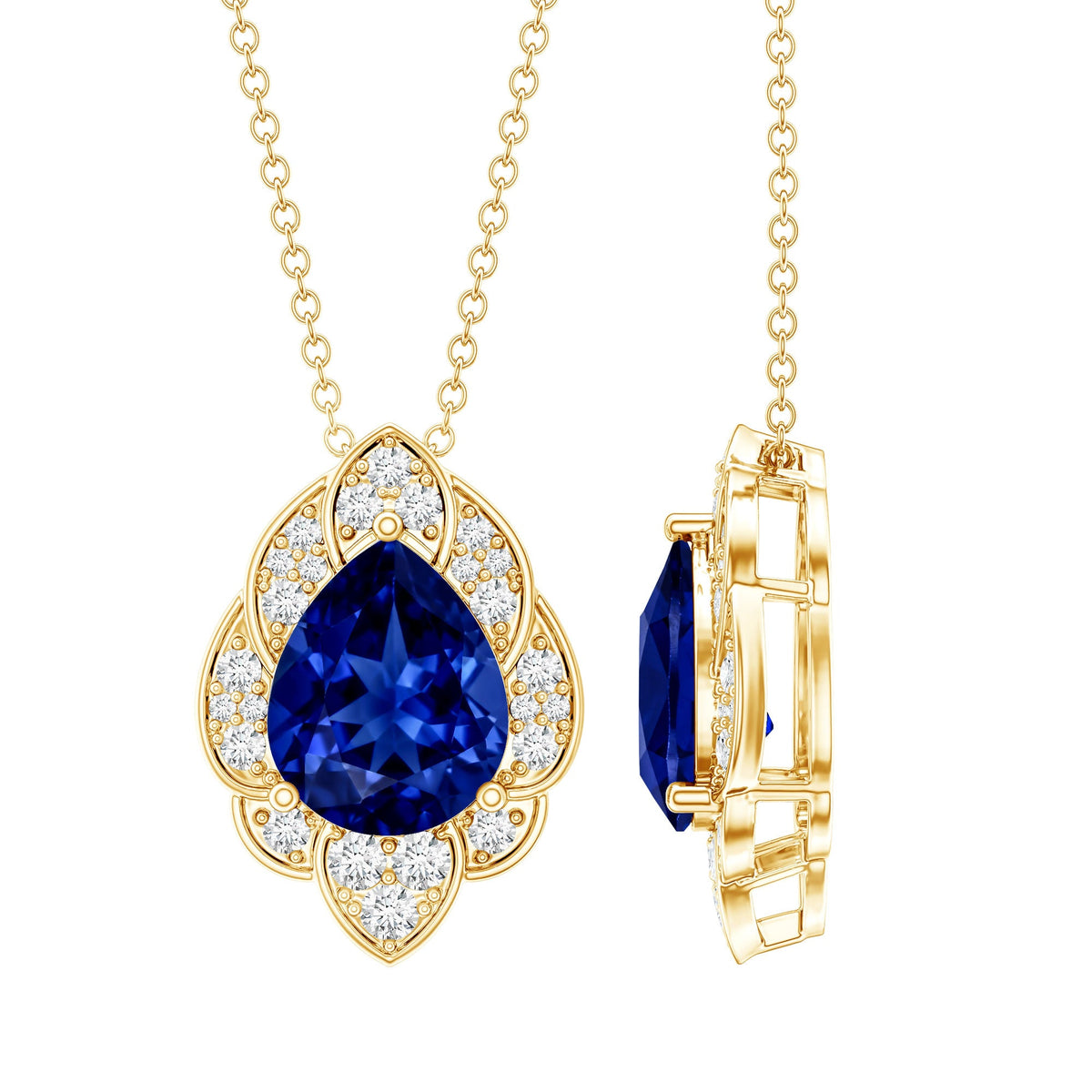 Certified Lab Grown Blue Sapphire Petal Necklace with Diamond