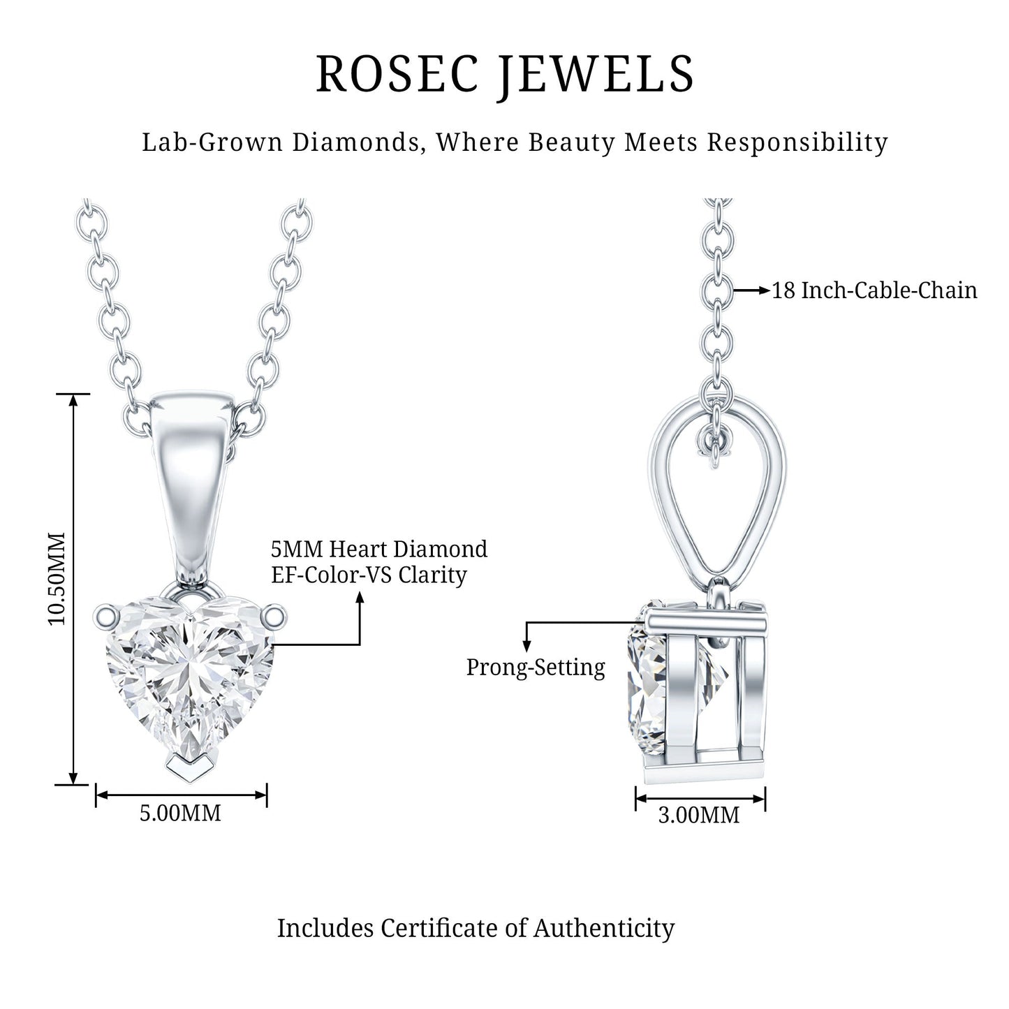 Certified 0.5 Carat Lab Grown Diamond Heart Necklace With Silver Chain