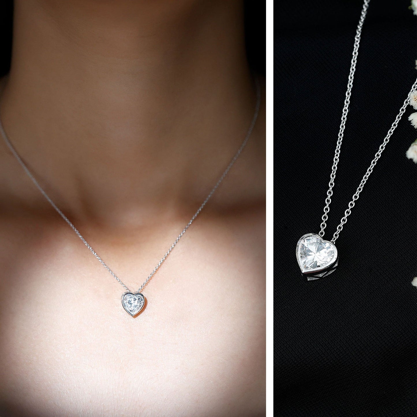 Bezel Set 2 Carat Cubic Zirconia Heart Pendant Necklace with Chain