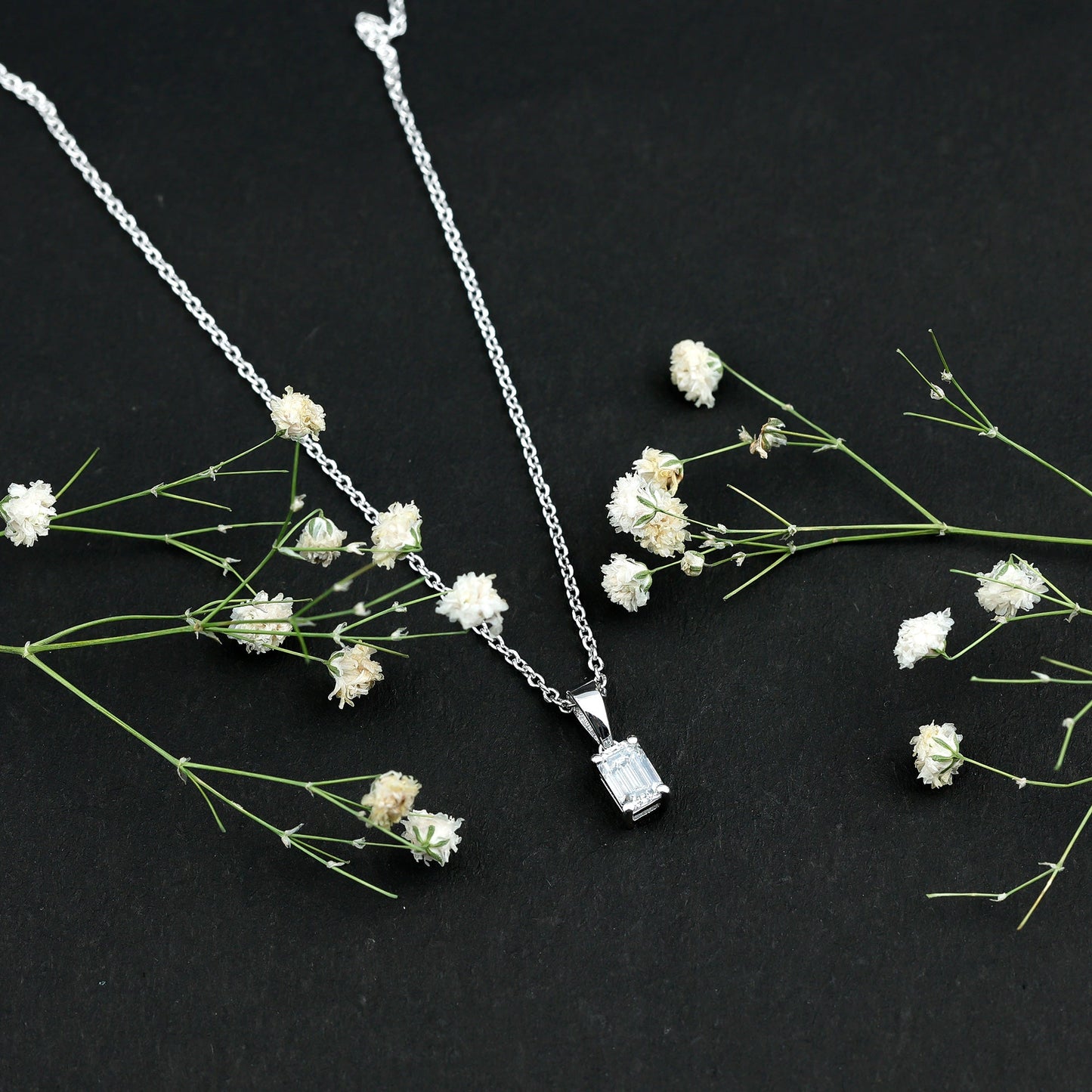 6X8mm Emerald Cut Cubic Zirconia Solitaire Necklace With Silver Chain