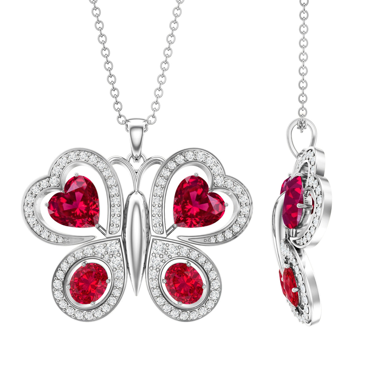 Certified Created Ruby Butterfly Pendant Necklace with Moissanite
