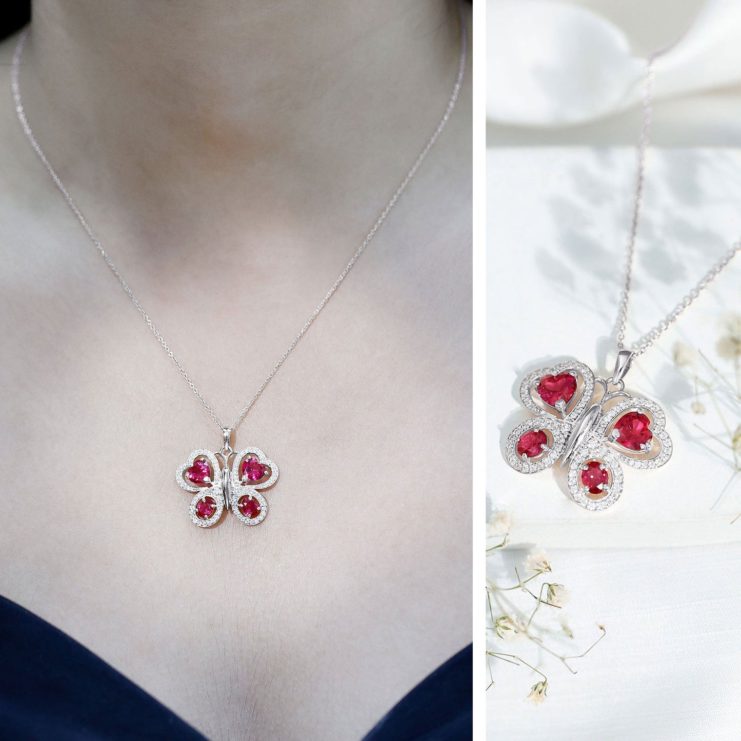Certified Created Ruby Butterfly Pendant Necklace with Moissanite