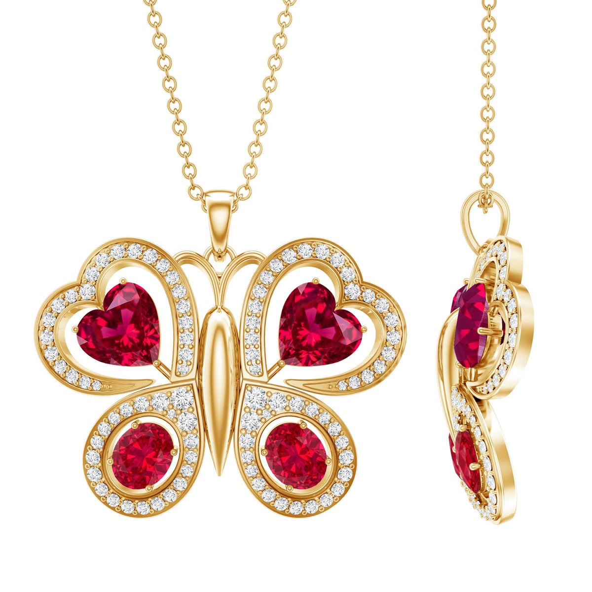 Certified Created Ruby Butterfly Pendant Necklace with Moissanite