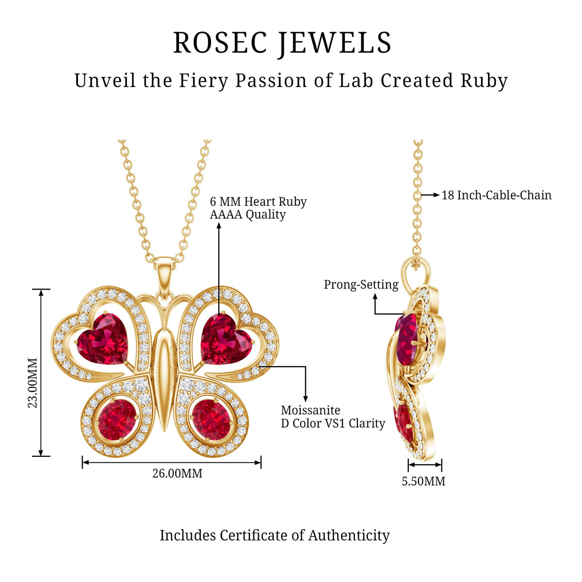 Certified Created Ruby Butterfly Pendant Necklace with Moissanite