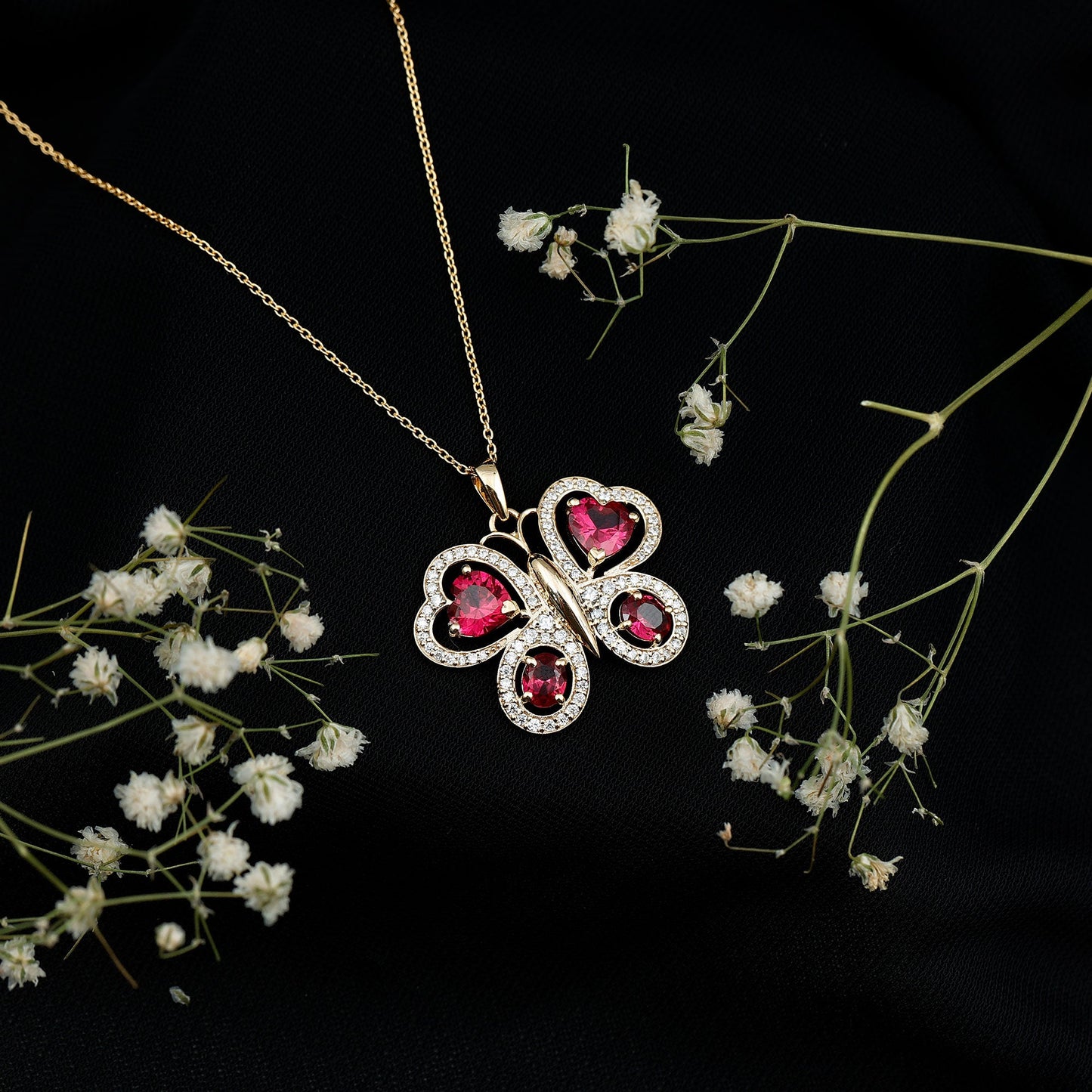 Certified Created Ruby Butterfly Pendant Necklace with Moissanite