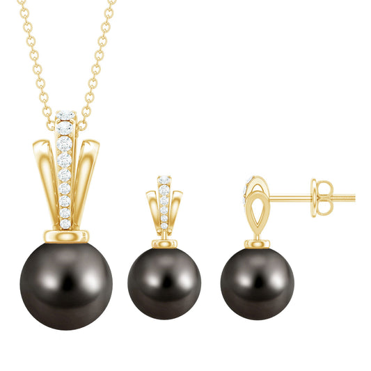 Genuine Tahitian Pearl and Diamond Drop Necklace Earrings Set