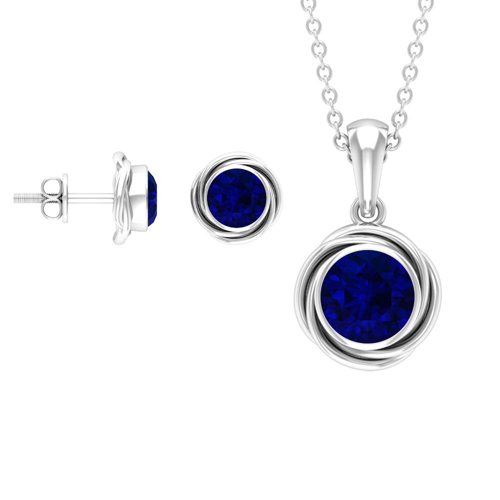 Solitaire Lab Created Blue Sapphire Swirl Jewelry Set with Certificate