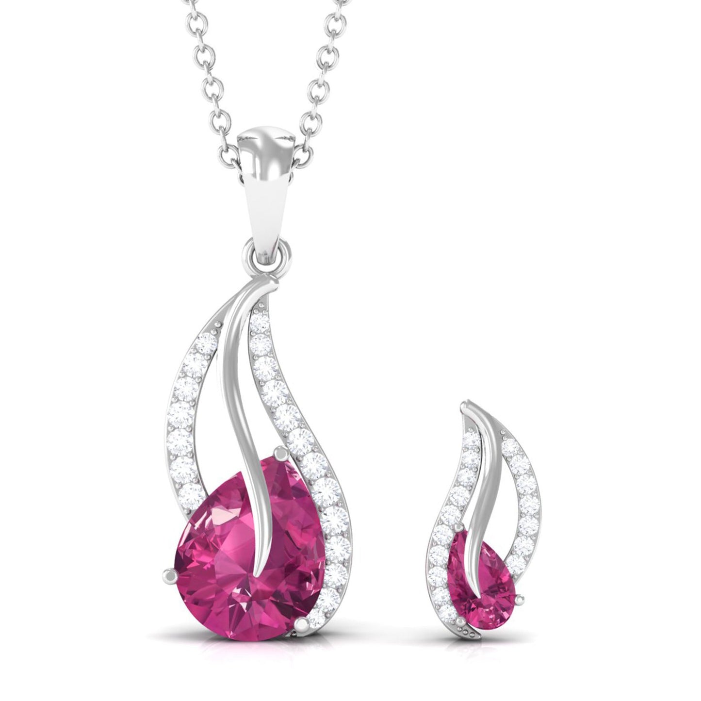 Pear Shaped Pink Tourmaline and Diamond Leaf Jewelry Set