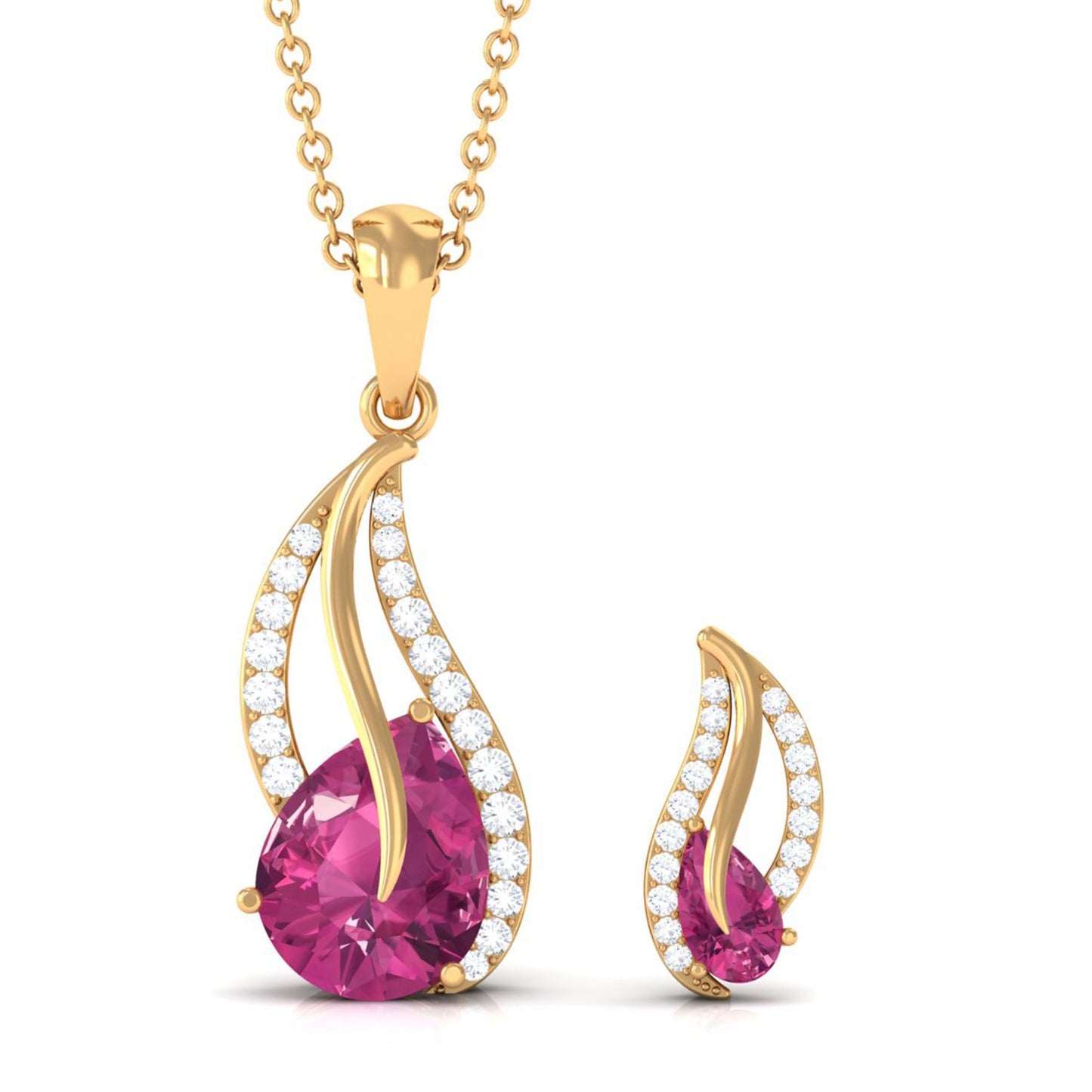 Pear Shaped Pink Tourmaline and Diamond Leaf Jewelry Set