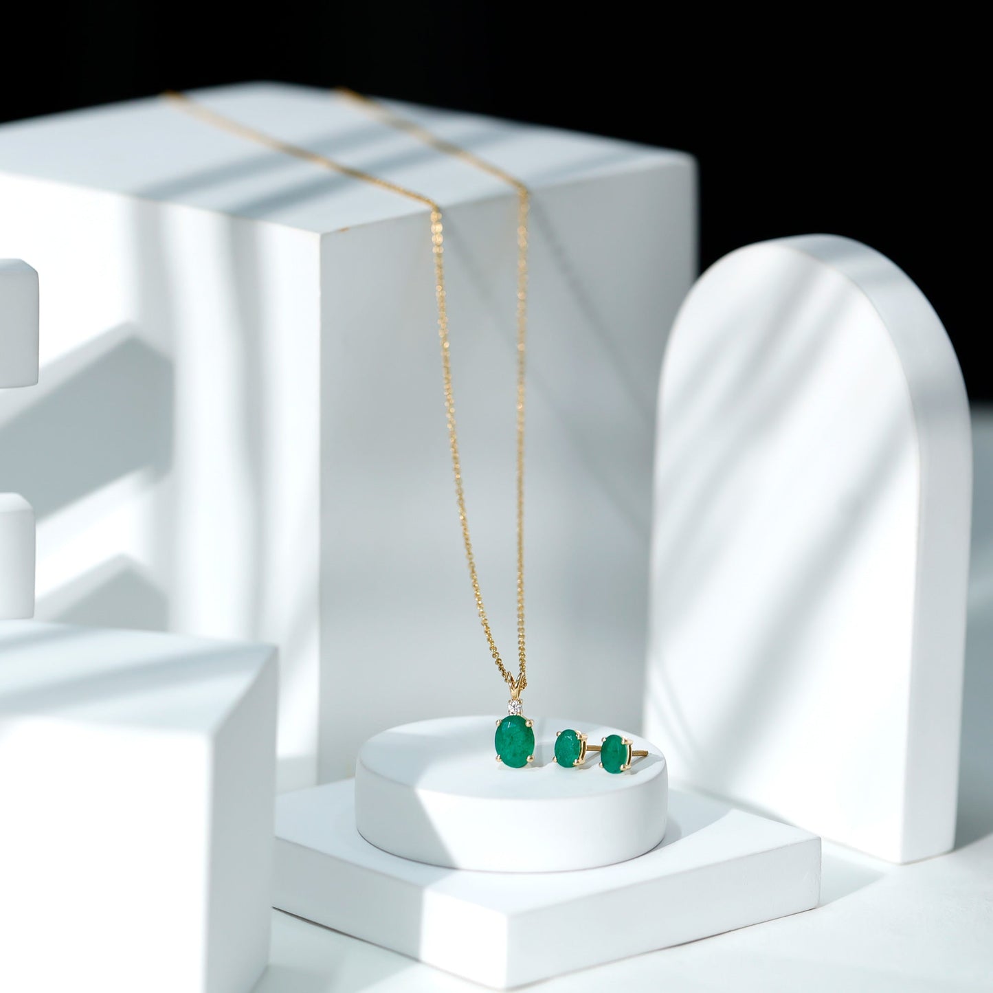 Genuine Emerald Solitaire Pendant and Earrings Set with Lab Grown Diamond