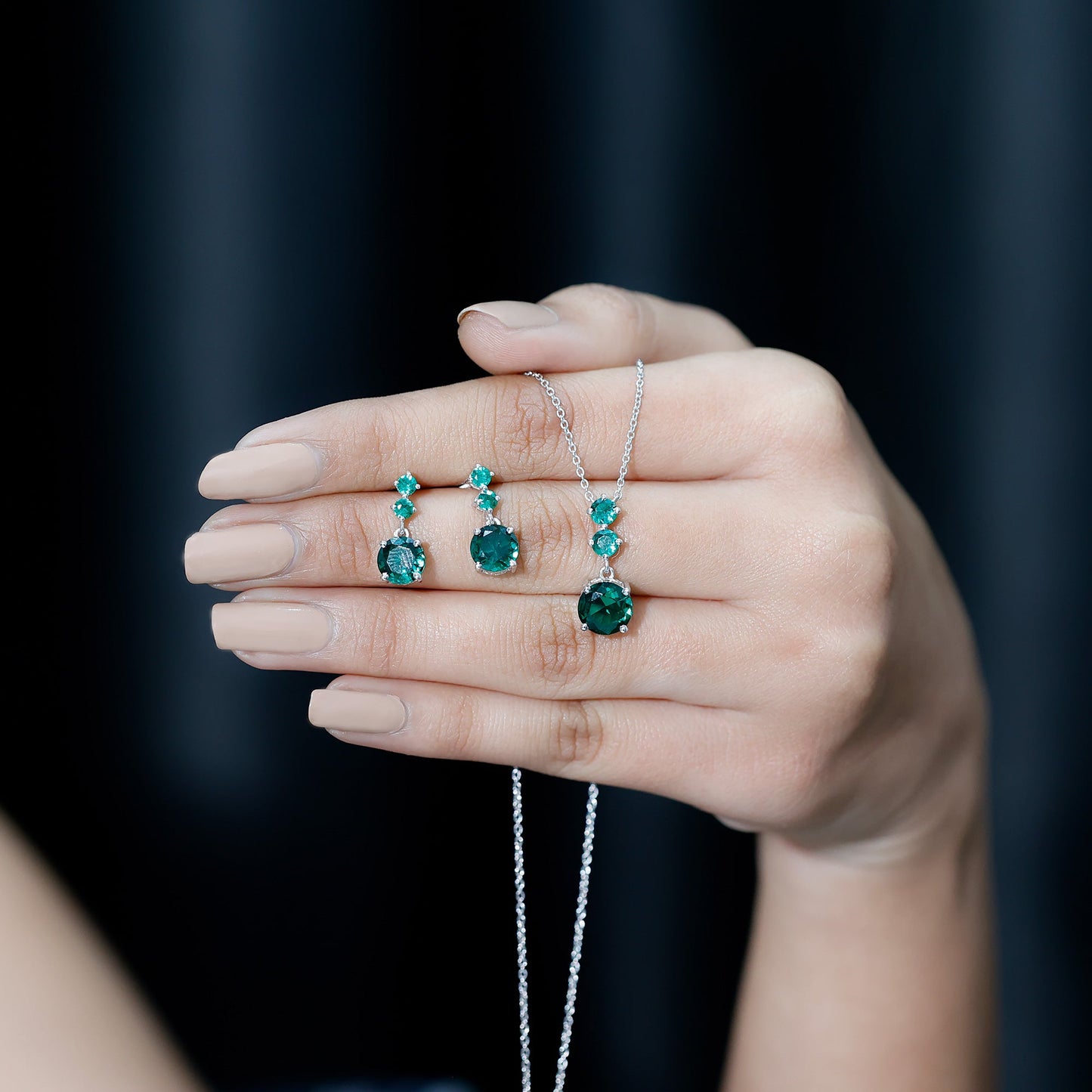 Certified Lab Created Emerald Dangle Necklace Earrings Set