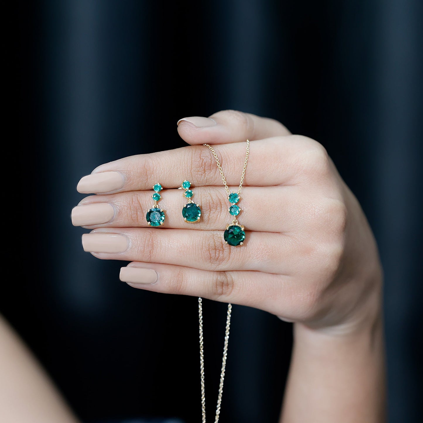 Certified Lab Created Emerald Dangle Necklace Earrings Set