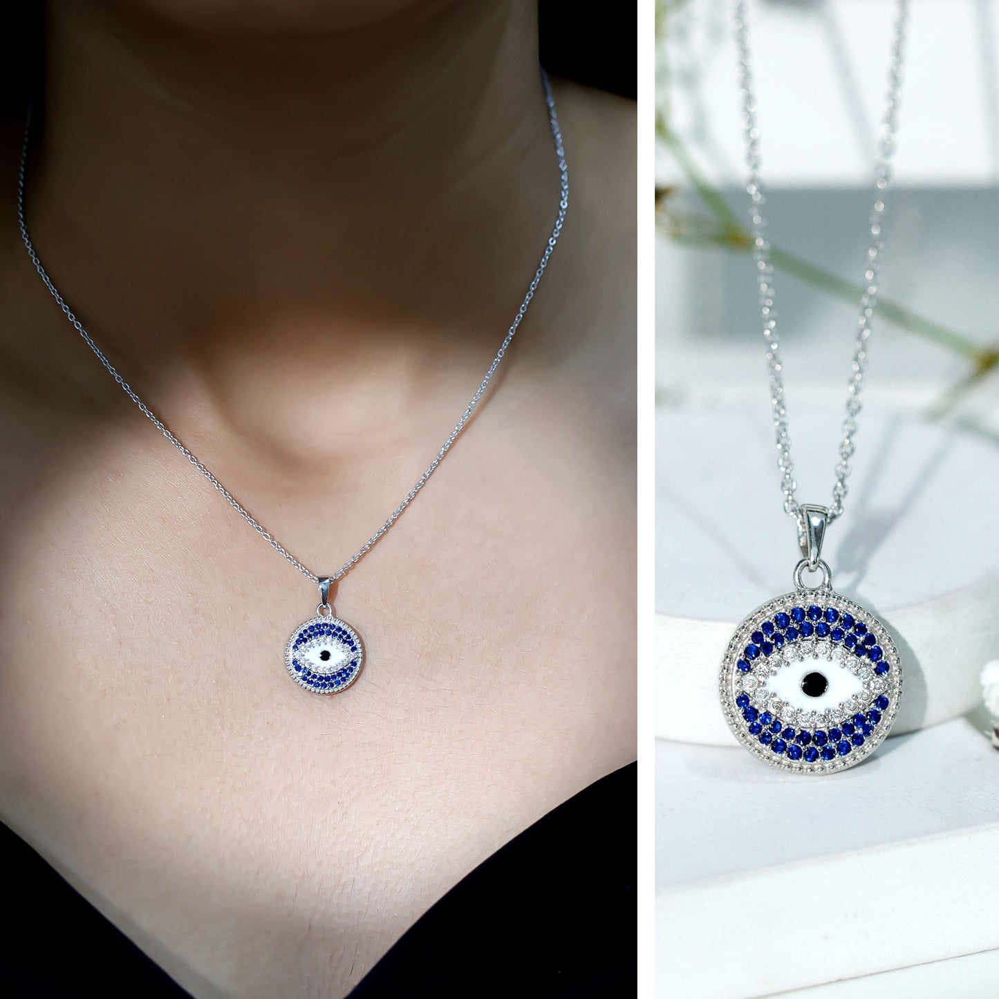 Evil Eye Necklace with Lab Grown Blue Sapphire and Moissanite