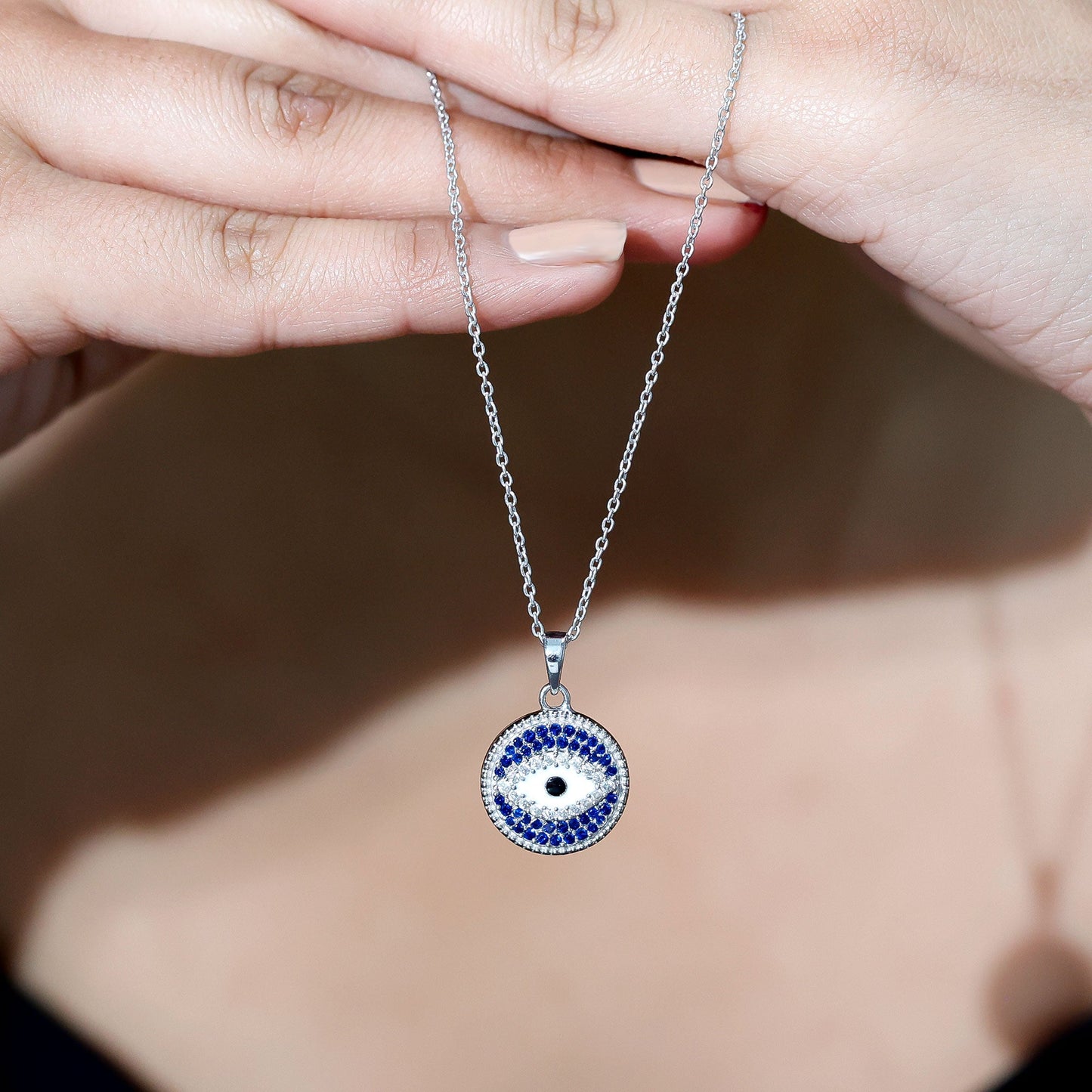 Sterling Silver Evil Eye Necklace with Blue Sapphire and Moissanite