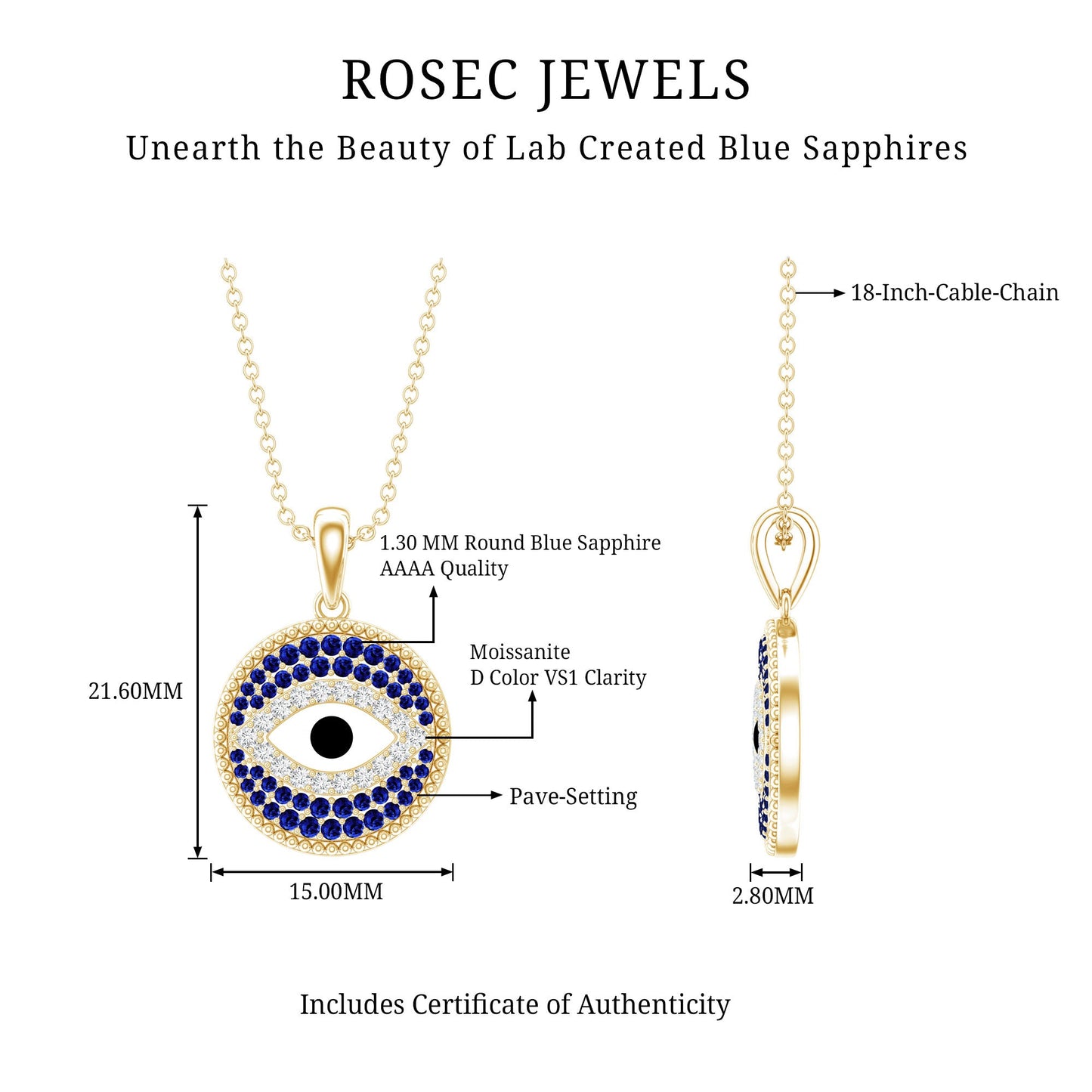 Evil Eye Necklace with Lab Grown Blue Sapphire and Moissanite