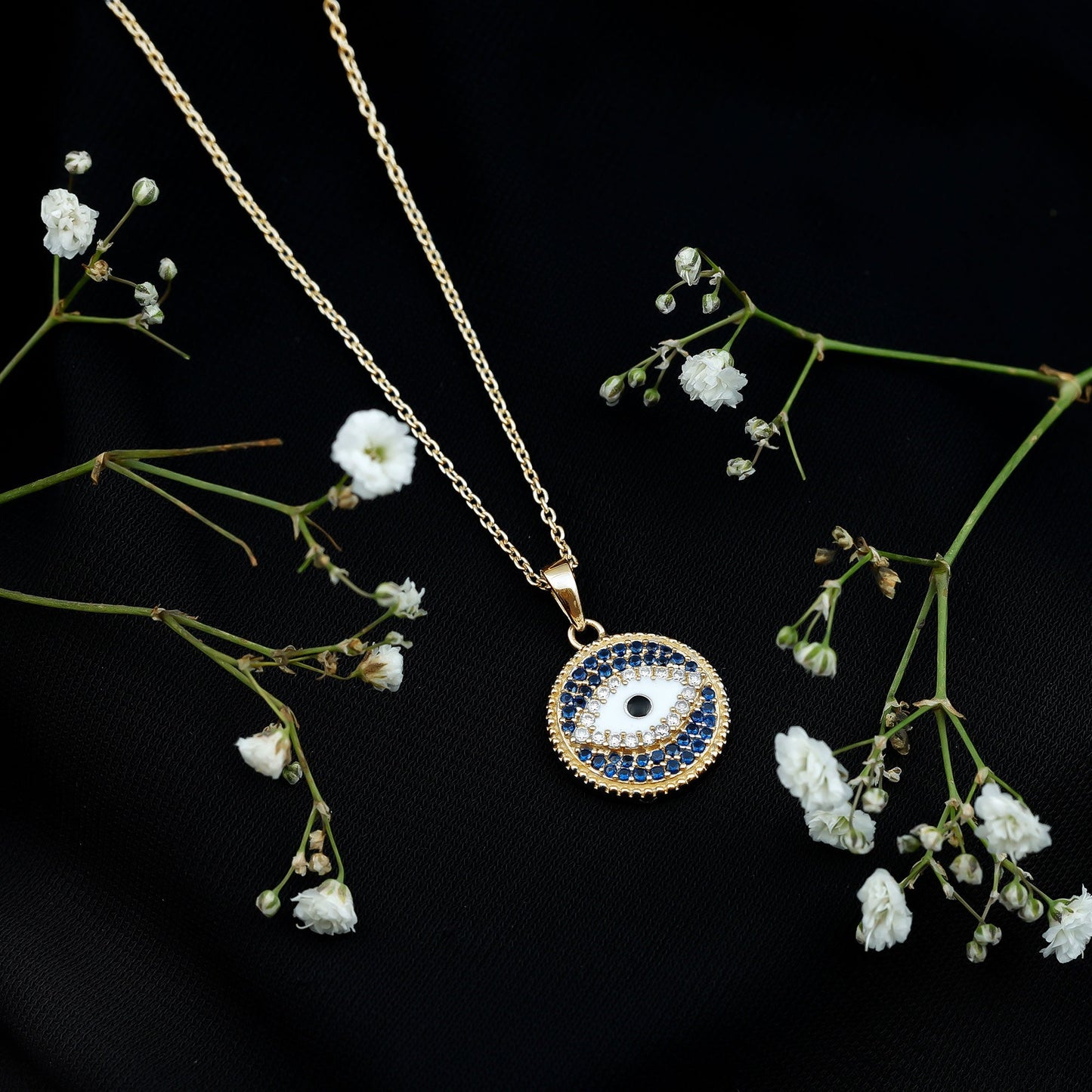 Evil Eye Necklace with Lab Grown Blue Sapphire and Moissanite