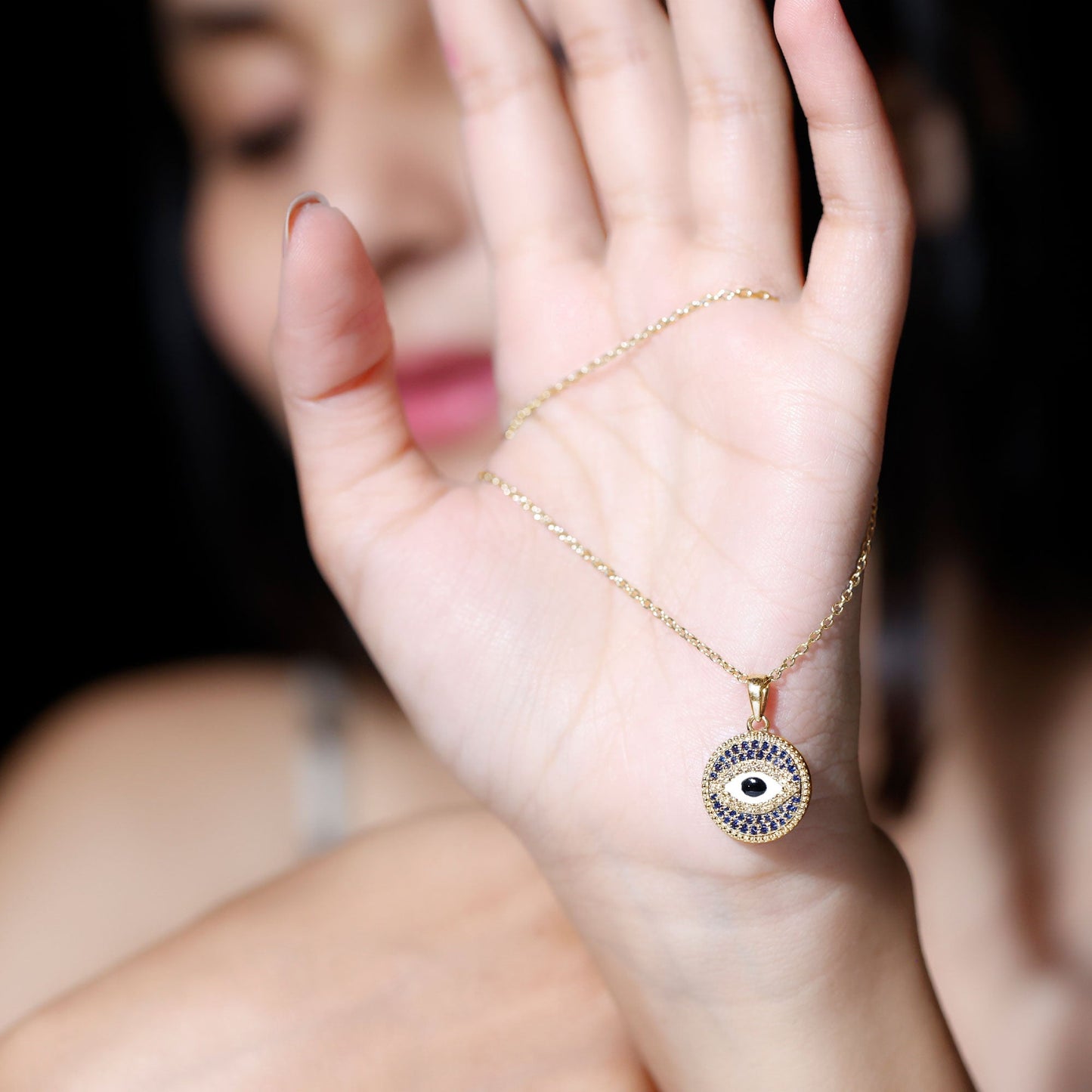 Evil Eye Necklace with Lab Grown Blue Sapphire and Moissanite