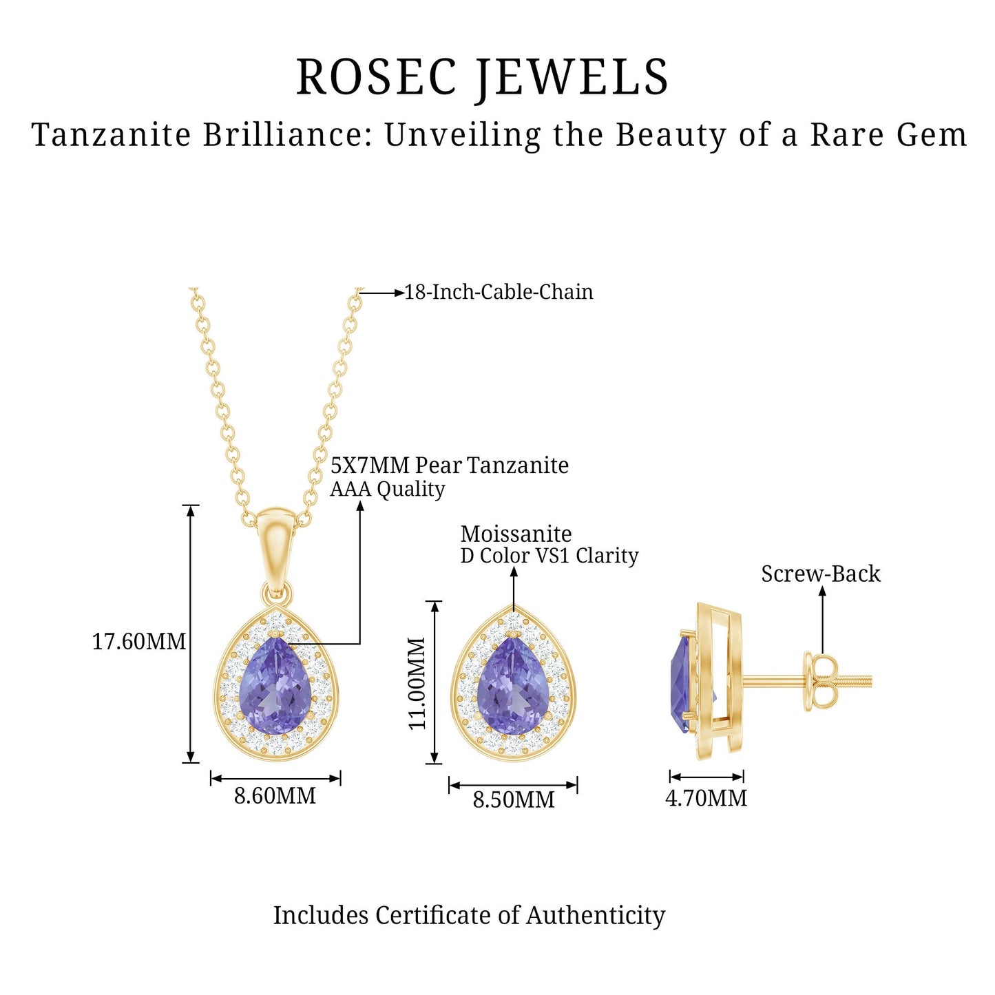 Certified Tanzanite Teardrop Jewelry Set with Moissanite Halo
