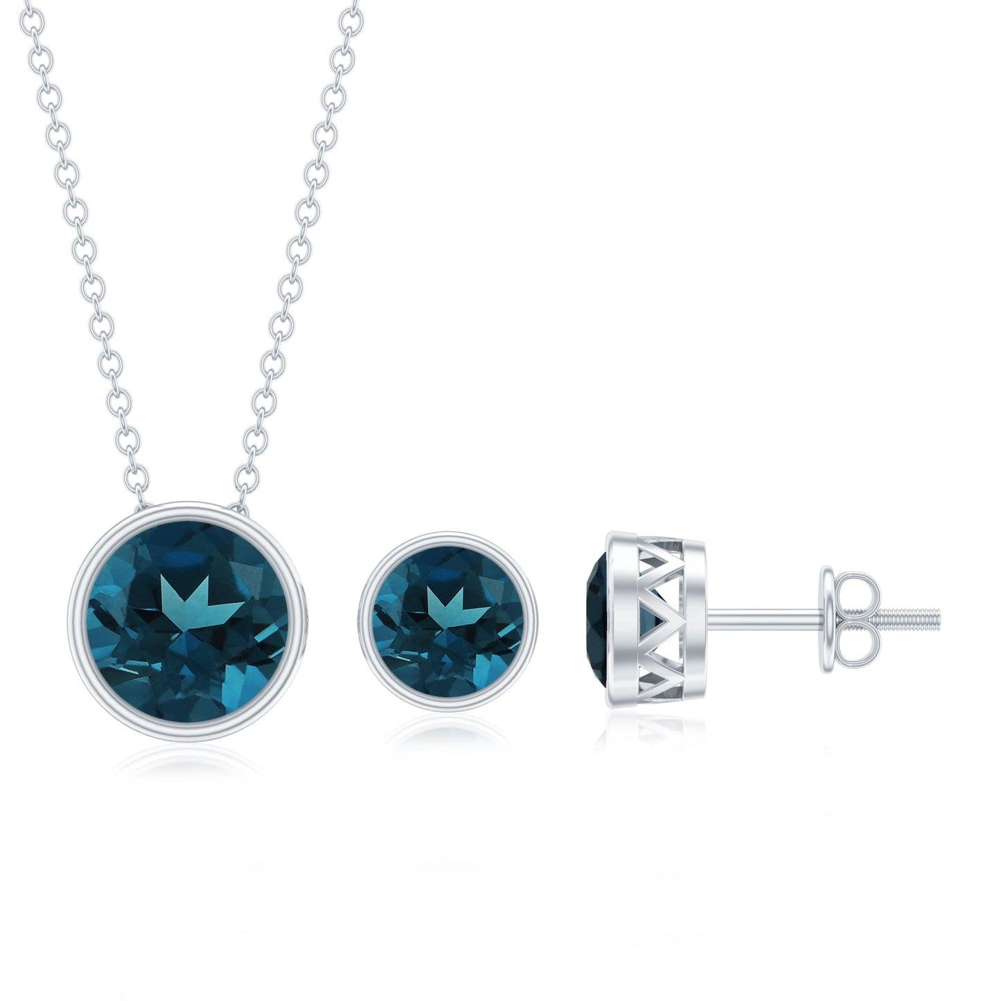Round London Blue Topaz Solitaire Jewelry Set in Bezel Setting