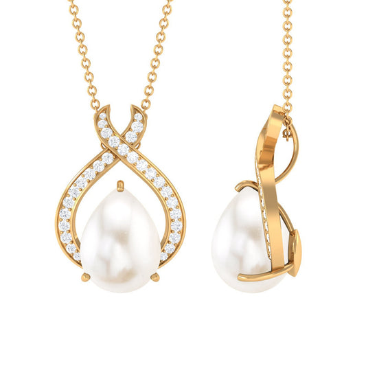 6 Carat Freshwater Pearl Teardrop Statement Necklace with Diamond