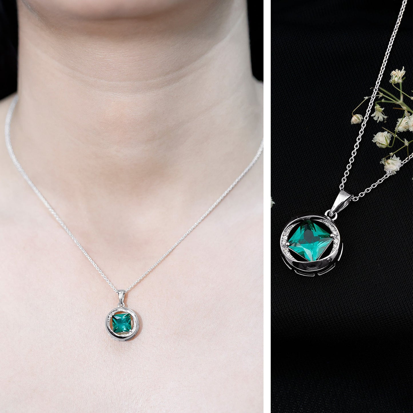 2.4 Carat Lab Created Emerald Princess Cut Pendant with Diamond