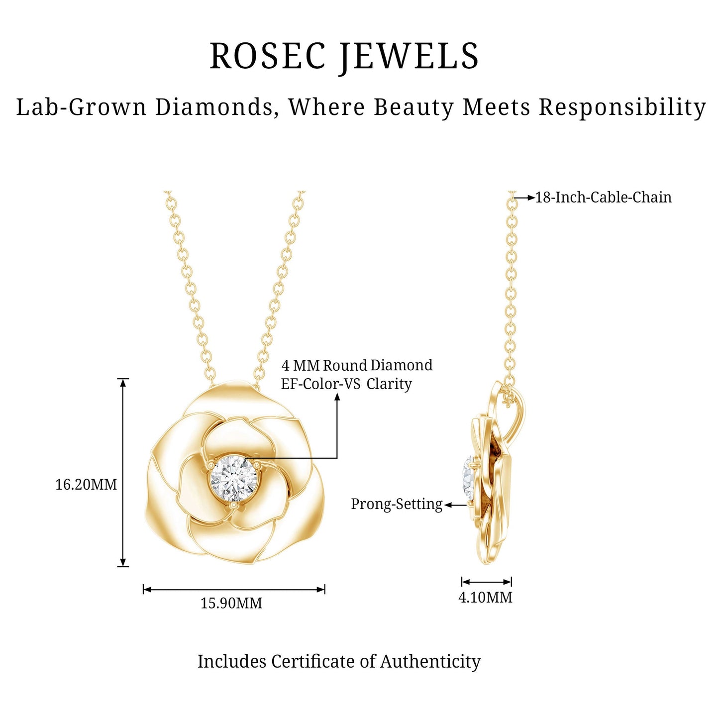 Certified Lab Grown Diamond Rose Pendant Necklace
