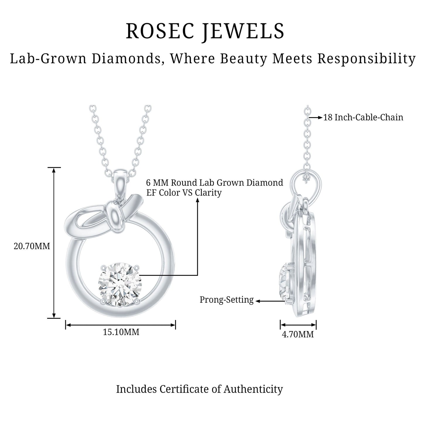 Round Lab Grown Diamond Open Circle Necklace with Bow