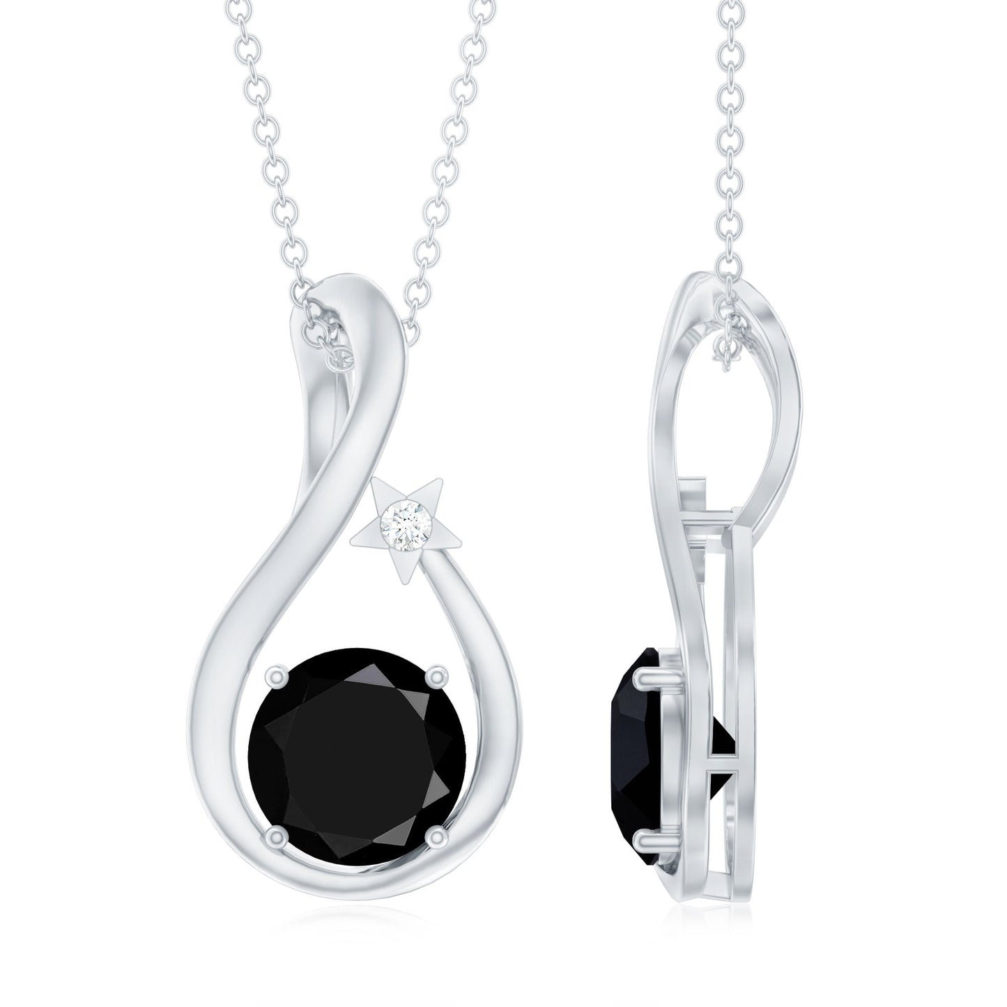Womens Lab Grown Black and White Diamond Solitaire Star Drop Necklace