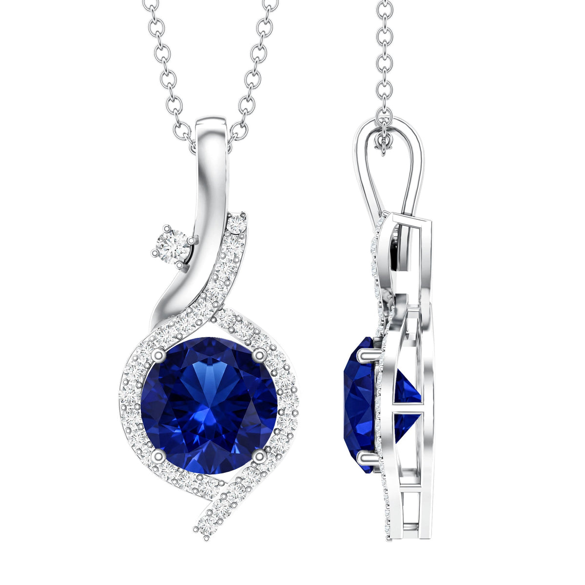 Certified Lab Grown Blue Sapphire Pendant Necklace With Diamonds