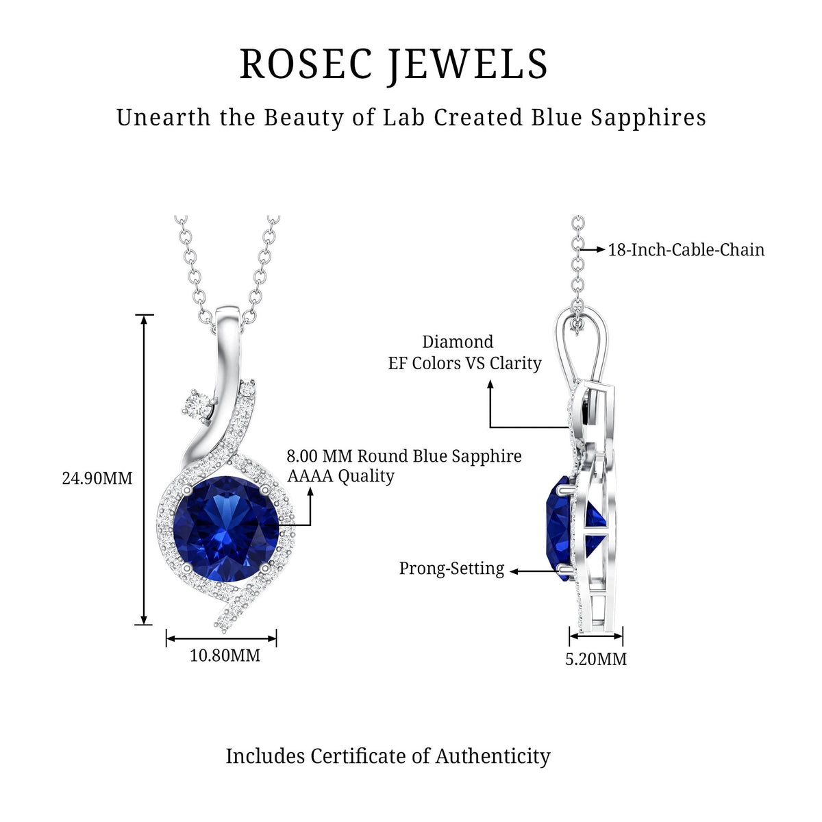 Certified Lab Grown Blue Sapphire Pendant Necklace With Diamonds