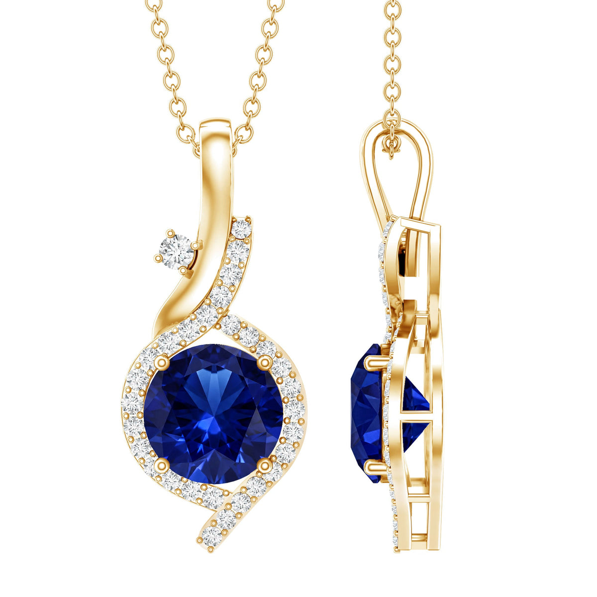 Certified Lab Grown Blue Sapphire Pendant Necklace With Diamonds
