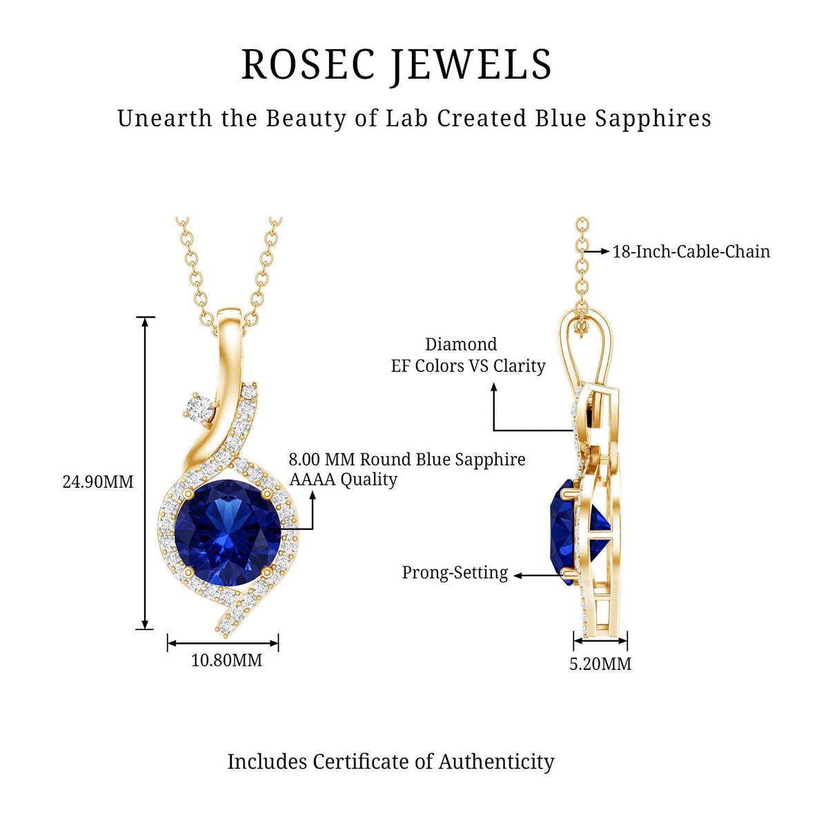 Certified Lab Grown Blue Sapphire Pendant Necklace With Diamonds