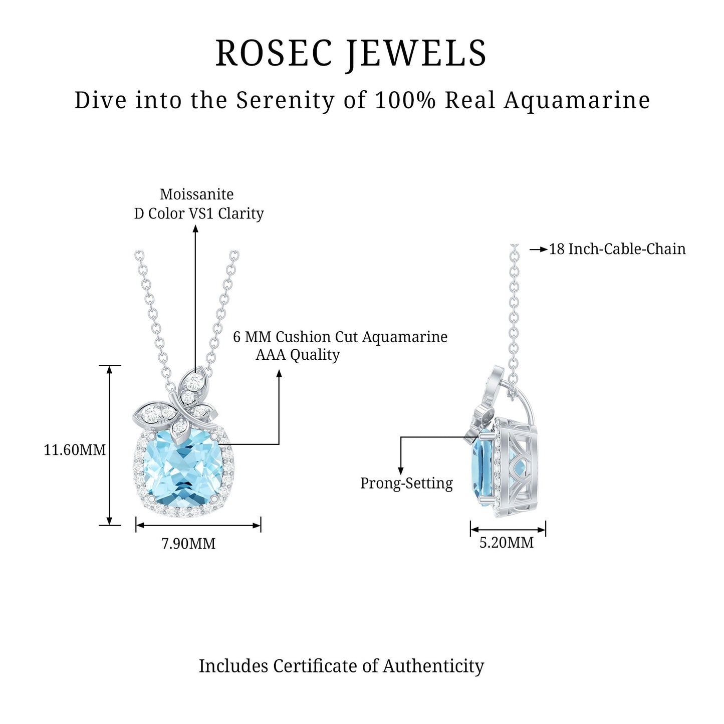 Natural Cushion Cut 1 Carat Aquamarine Pendant Necklace with Butterfly