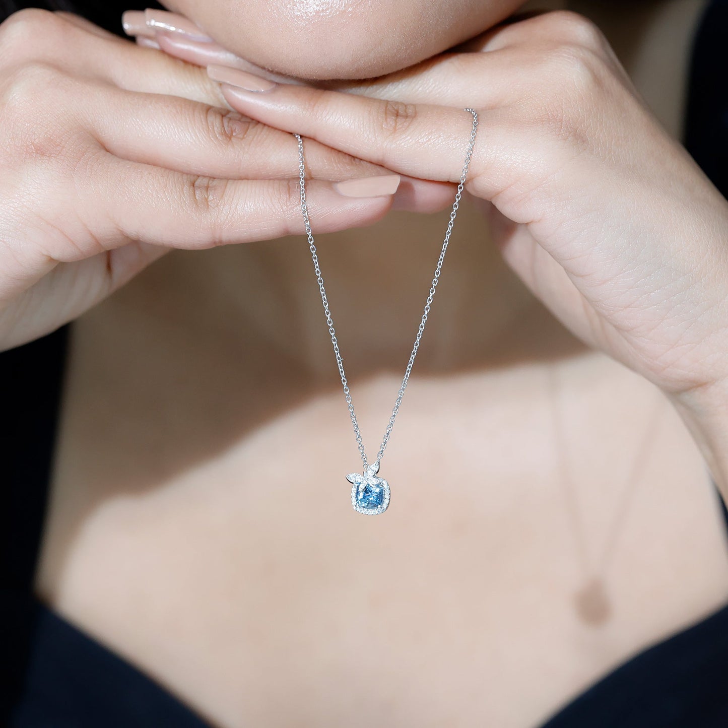 Natural Cushion Cut 1 Carat Aquamarine Pendant Necklace with Butterfly