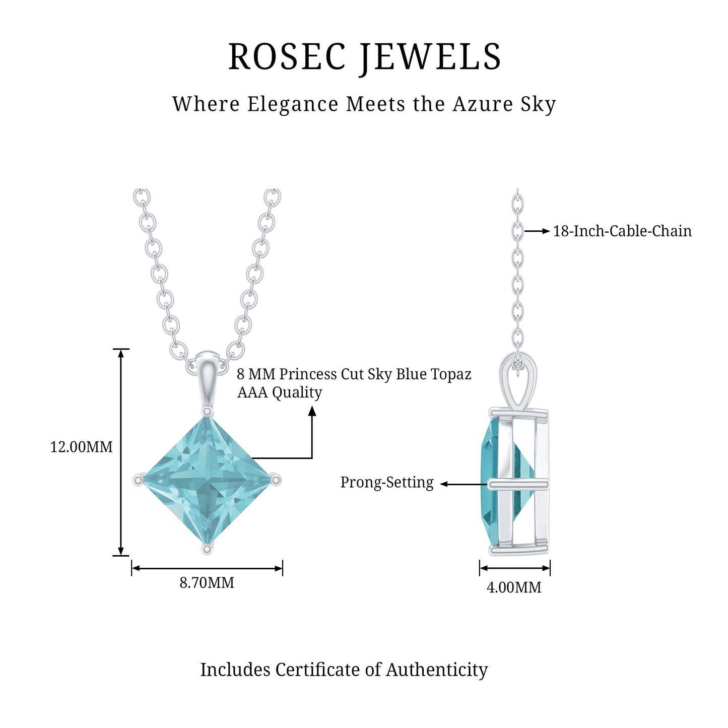 3 Carat Princess Cut Sky Blue Topaz Solitaire Necklace with Silver Chain