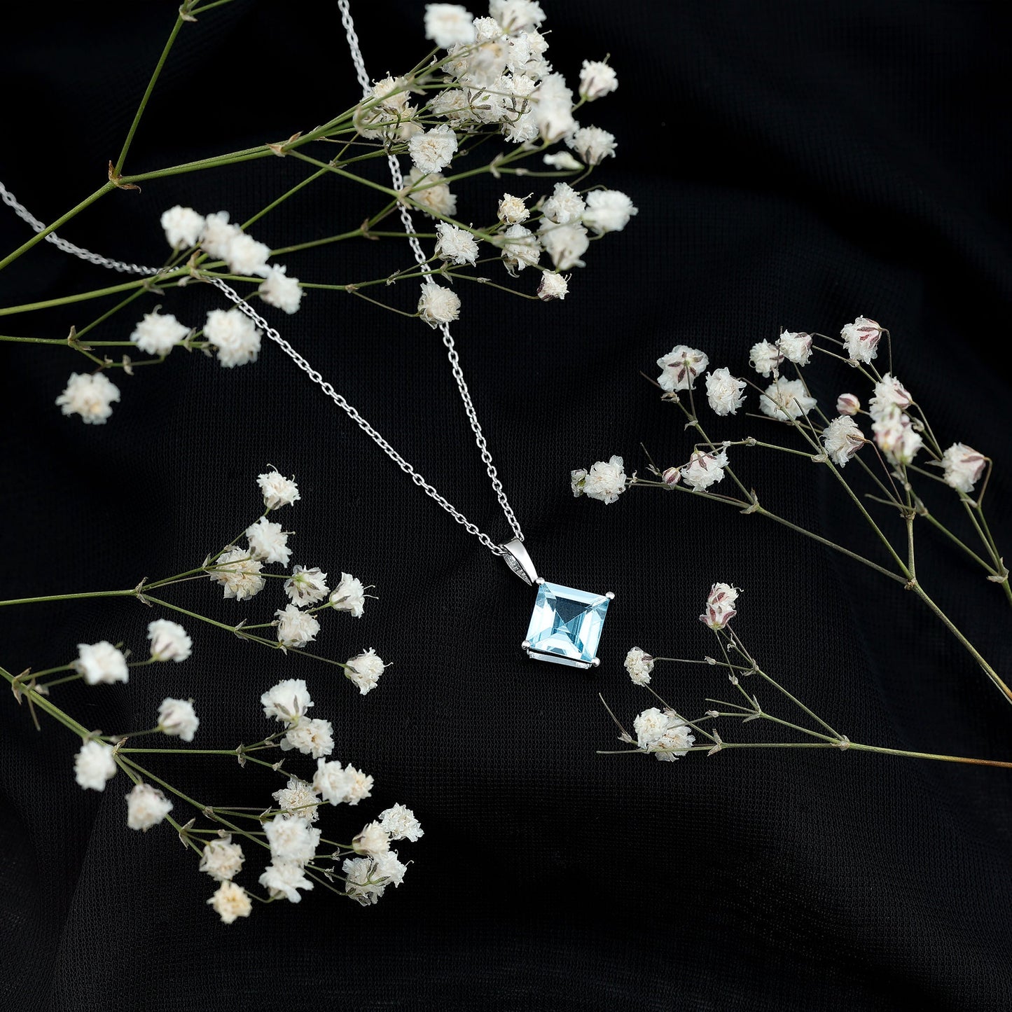 3 Carat Princess Cut Sky Blue Topaz Solitaire Necklace with Silver Chain