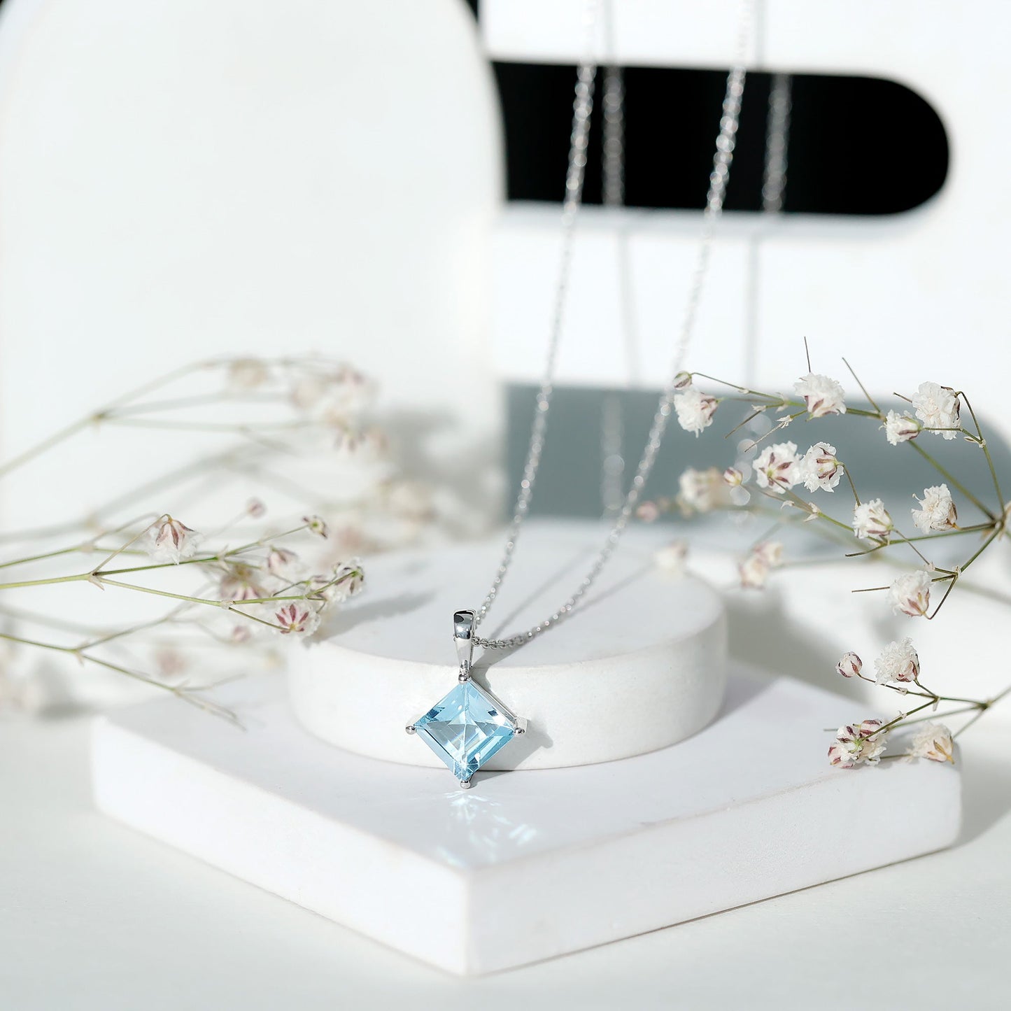 3 Carat Princess Cut Sky Blue Topaz Solitaire Necklace with Silver Chain