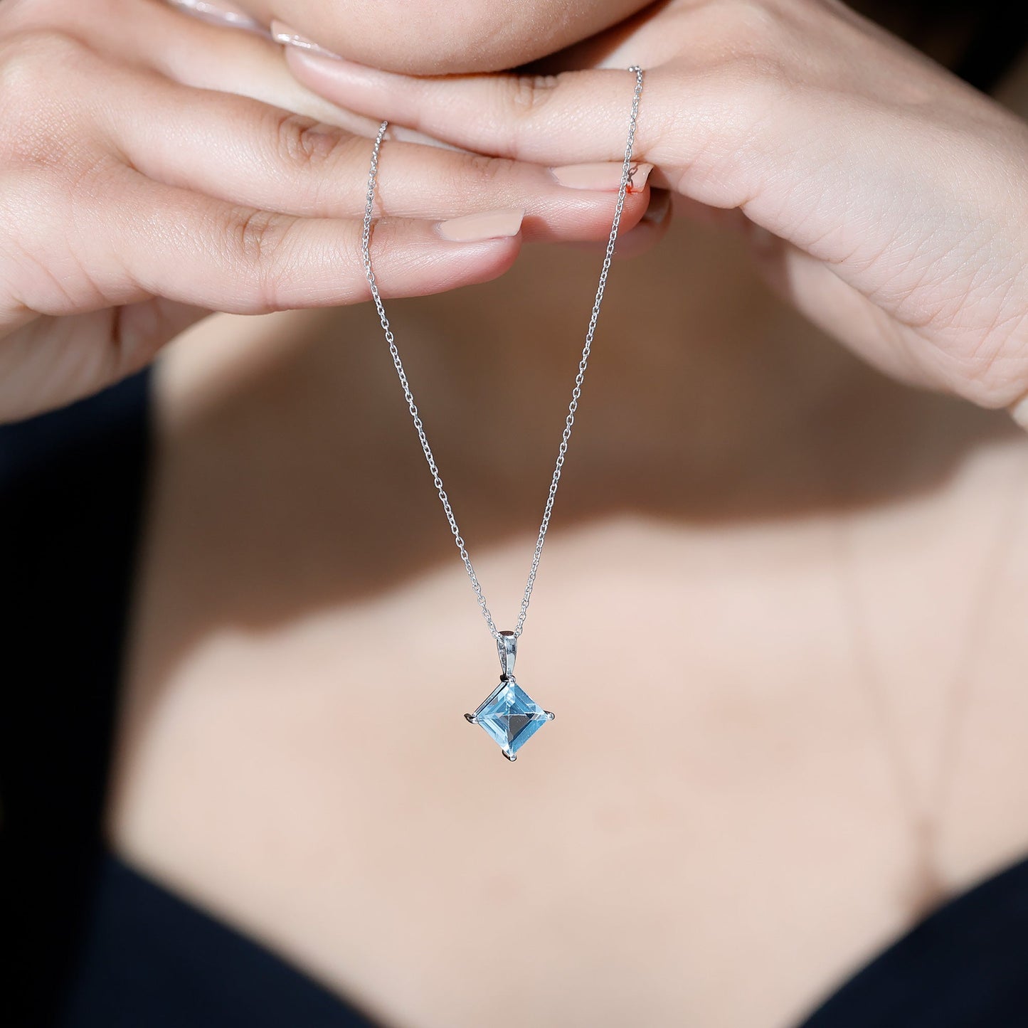 3 Carat Princess Cut Sky Blue Topaz Solitaire Necklace with Silver Chain
