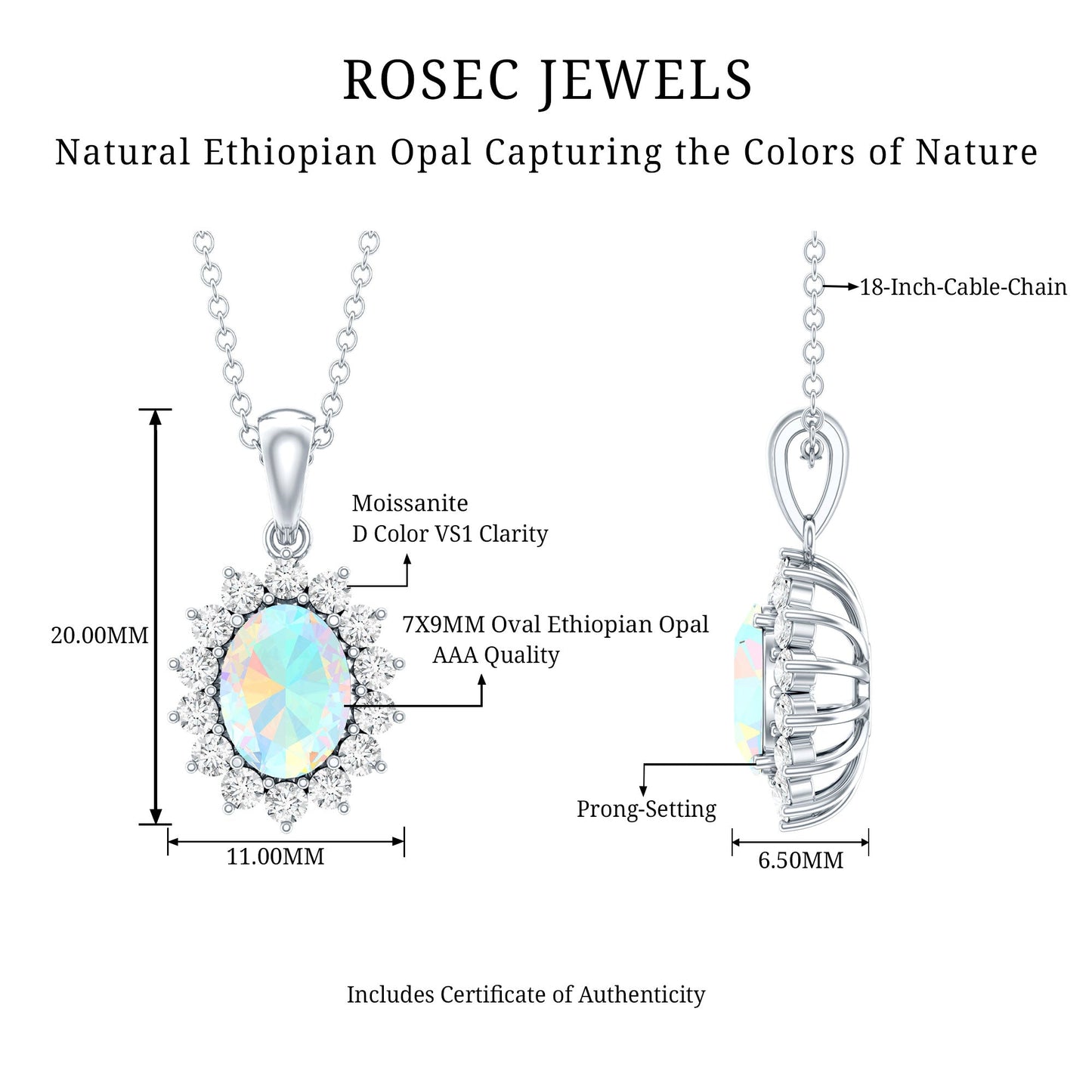 Real 1.9 Carat Ethiopian Opal Halo Necklace With Silver Chain
