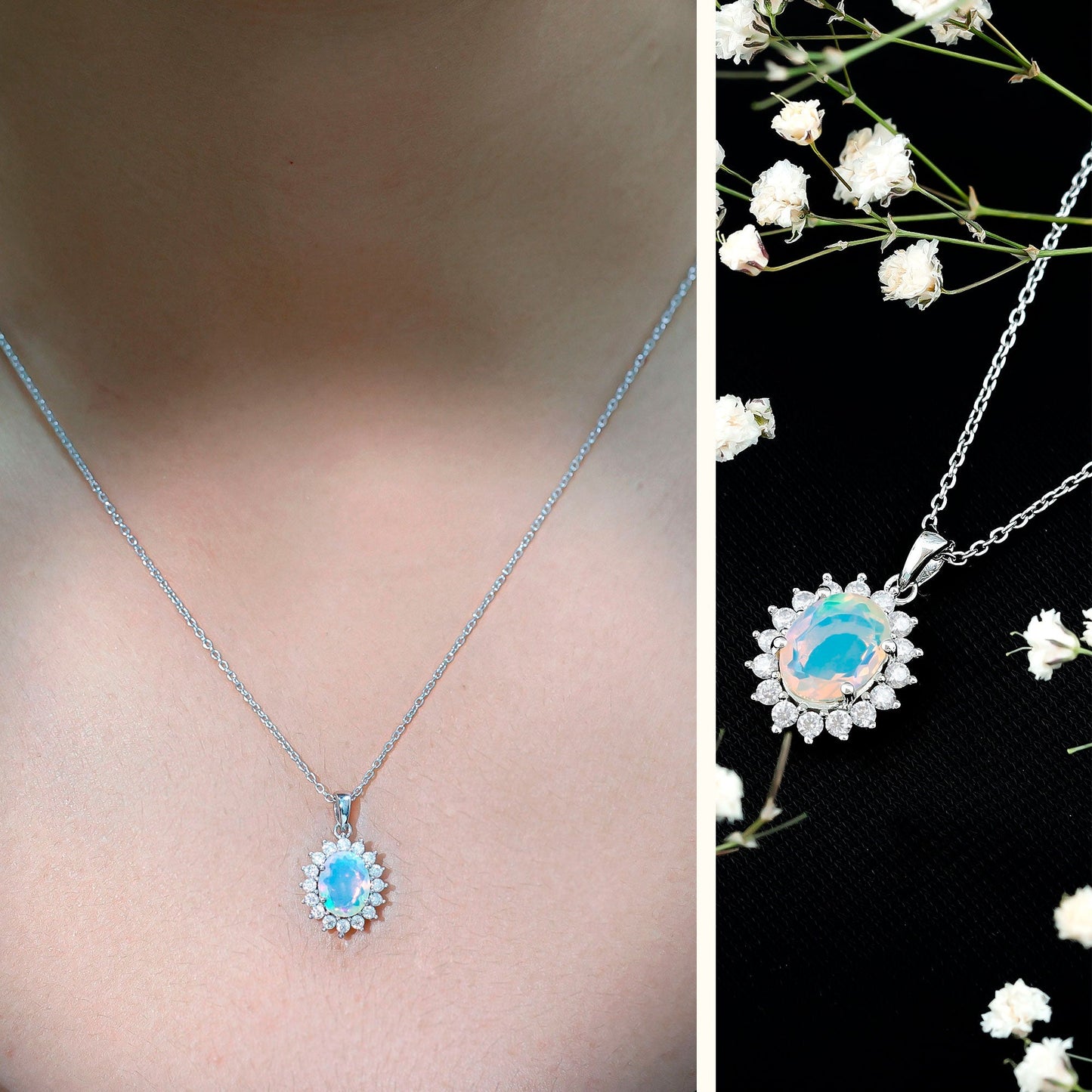 Real 1.9 Carat Ethiopian Opal Halo Necklace With Silver Chain